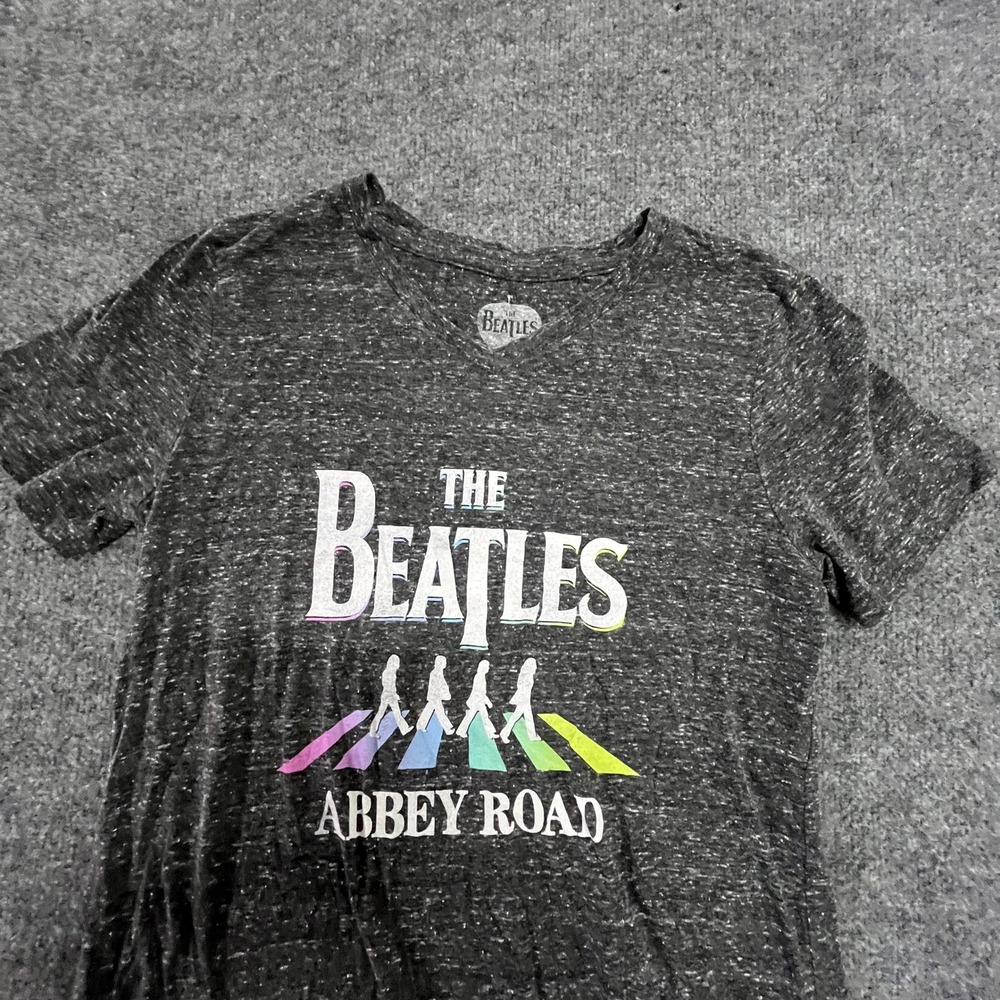 The Beatles T-Shirt Womens Size L Gray Abbey Road Graphic V-Neck Marled Short